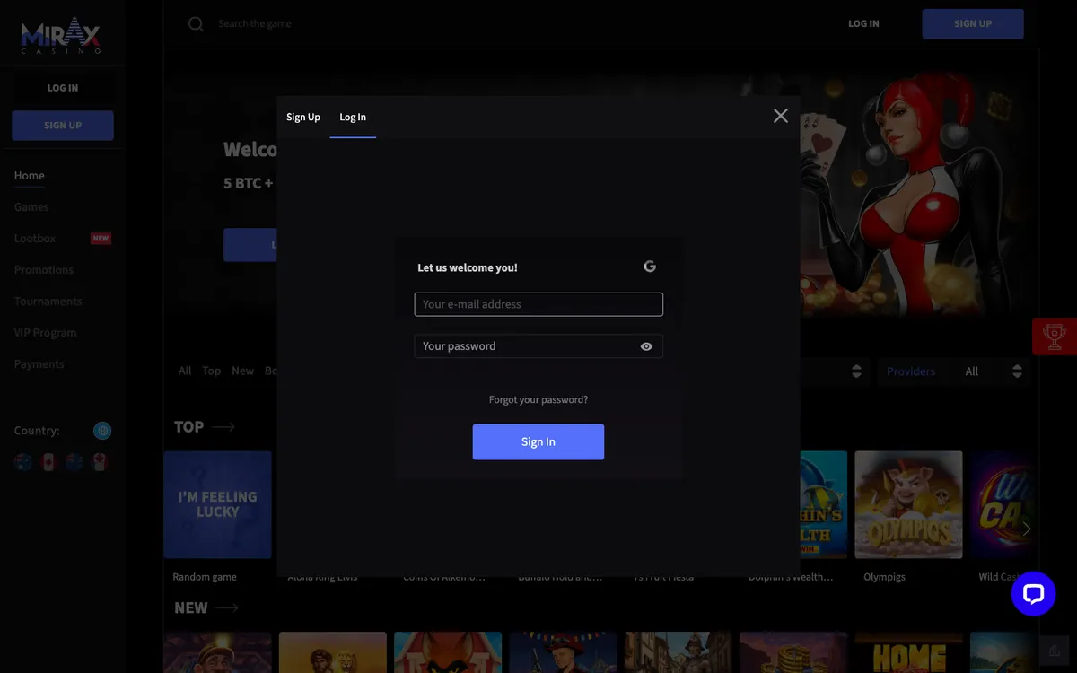Mirax Casino — Sign-up, captured from Austria