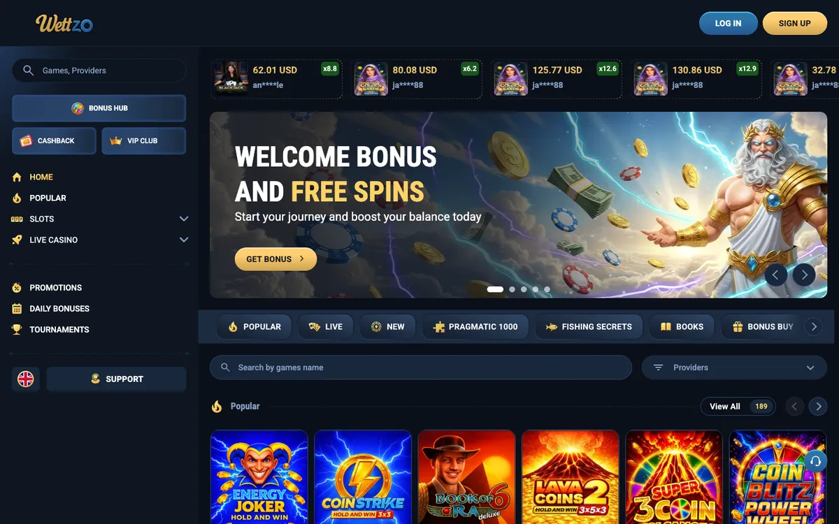 Wettzo Casino — Home page, captured from Belgium