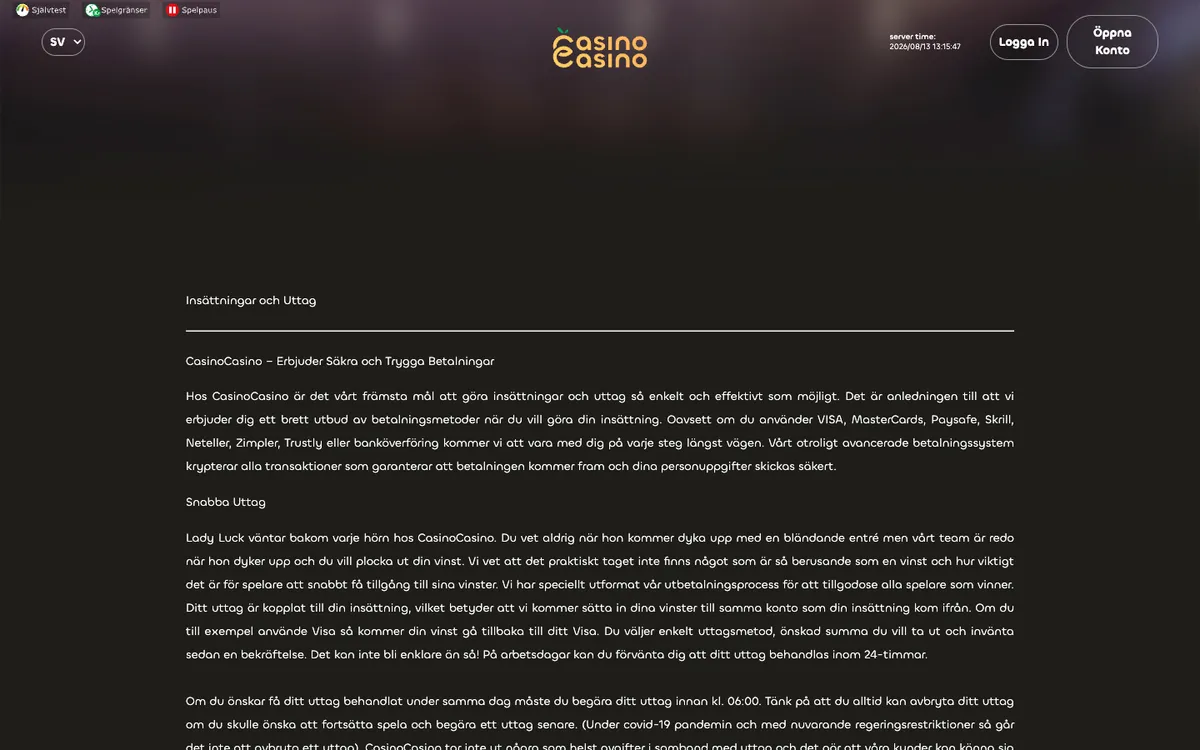 CasinoCasino — Payments, captured from Sweden