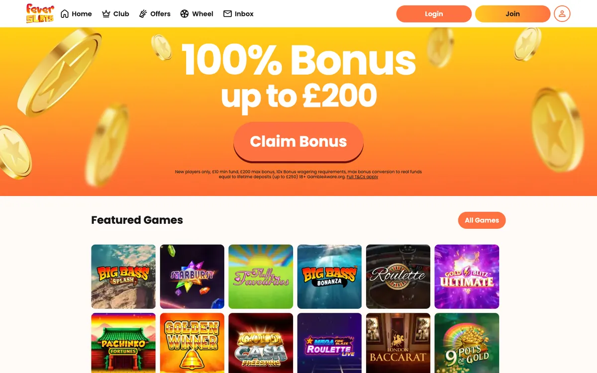 Fever Slots Casino — Home page, captured from United Kingdom