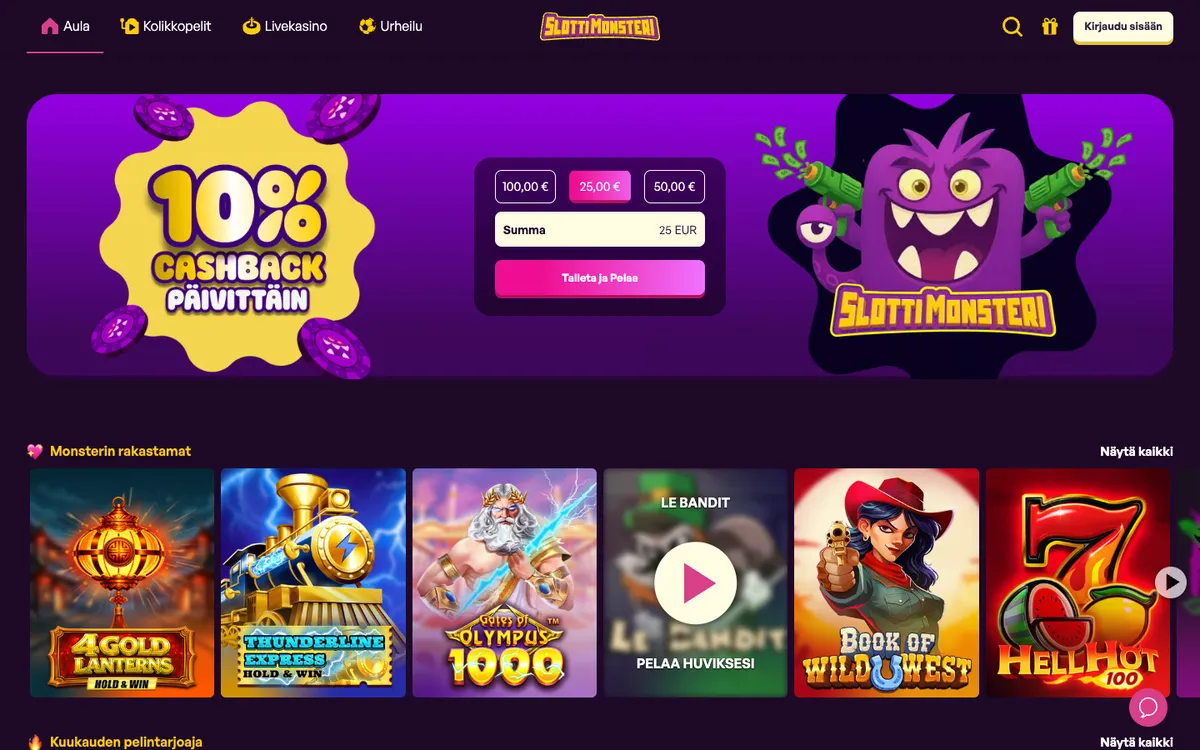 SlottiMonsteri Casino — «Главная», снято из страны Финляндия