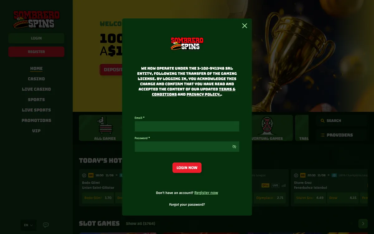 Sombrero Spins Casino — Sign-up, captured from Australia