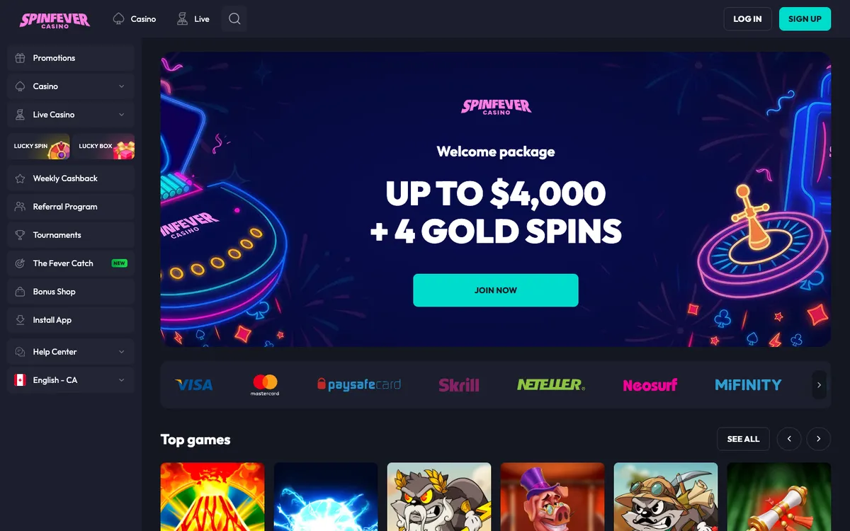 SpinFever Casino — «Главная», снято из страны Канада