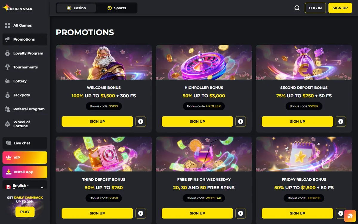 Golden Star Casino — «Акции», снято из страны Канада