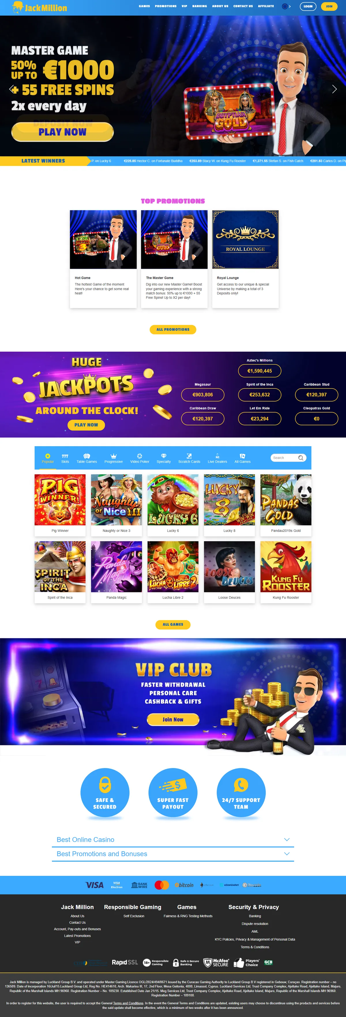 JackMillion Casino — «Главная», снято из страны Канада