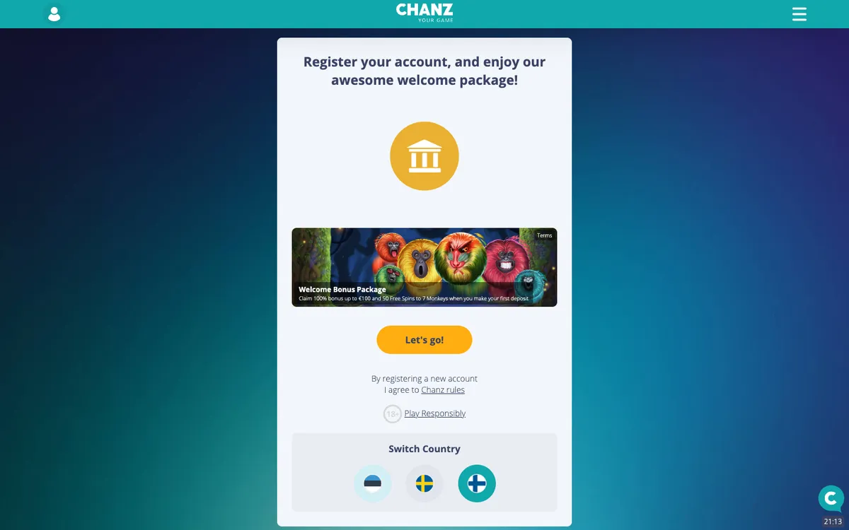 Chanz Casino — Sign-up, captured from Finland