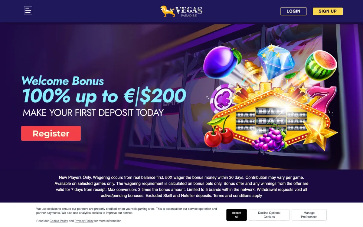 Vegas Paradise Casino — Home page, captured from Brazil