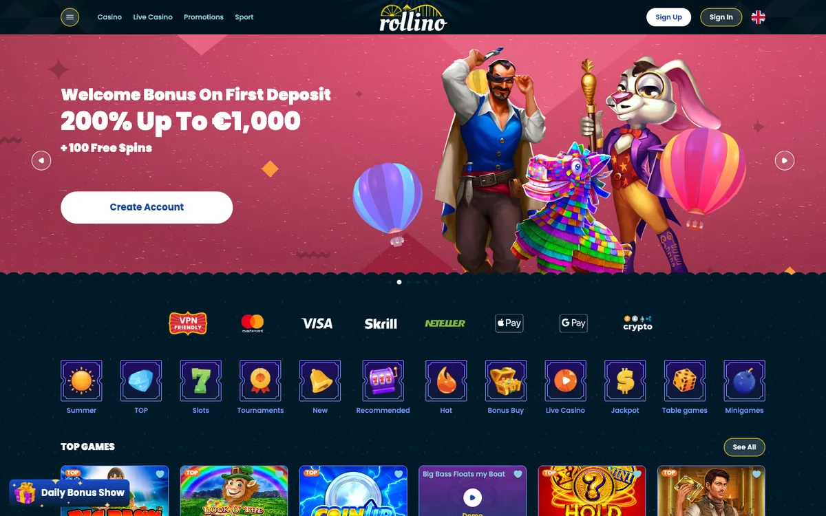 Rollino Casino — Home page, captured from Finland