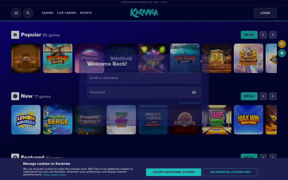 Karamba Casino — «Регистрация», снято из страны Новая Зеландия