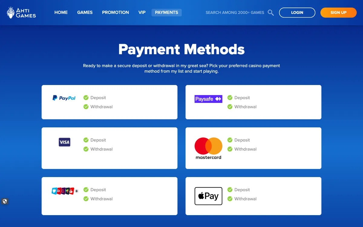 AHTI Games Casino — Payments, captured from United Kingdom