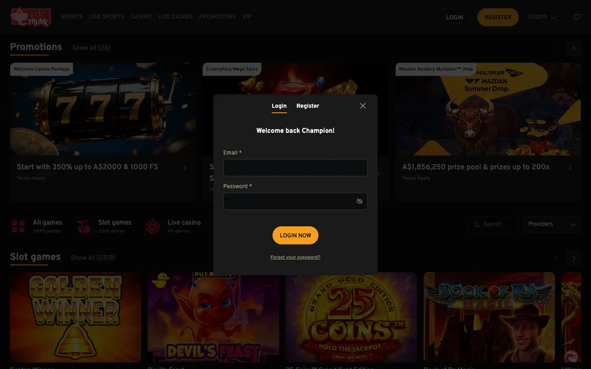 Lucky Trunk Casino — Sign-up, captured from Australia