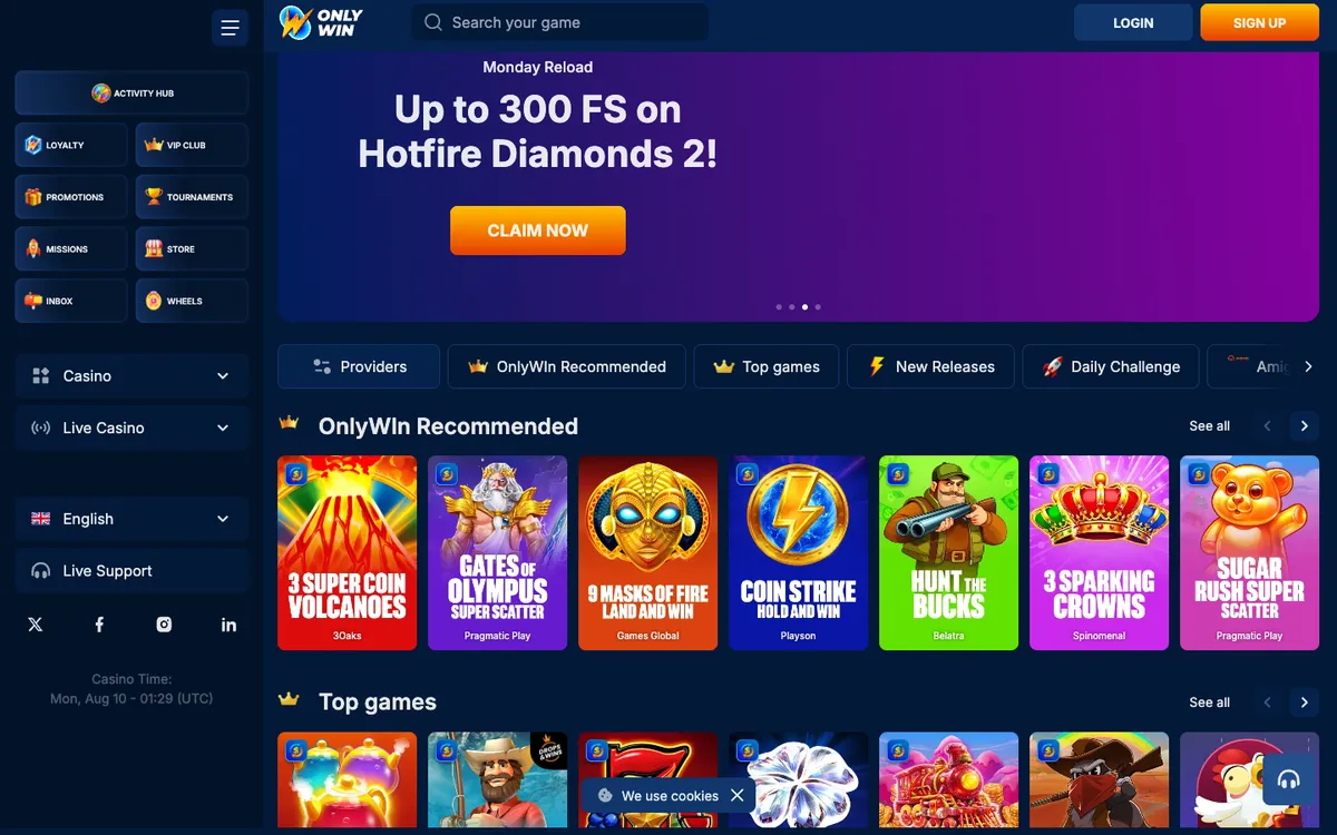 OnlyWin Casino — Home page, captured from Germany