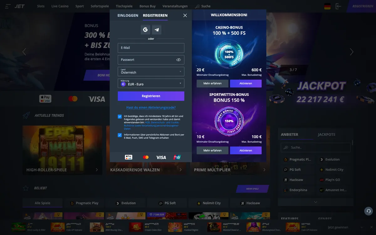 Jet Casino — Home page, captured from Austria