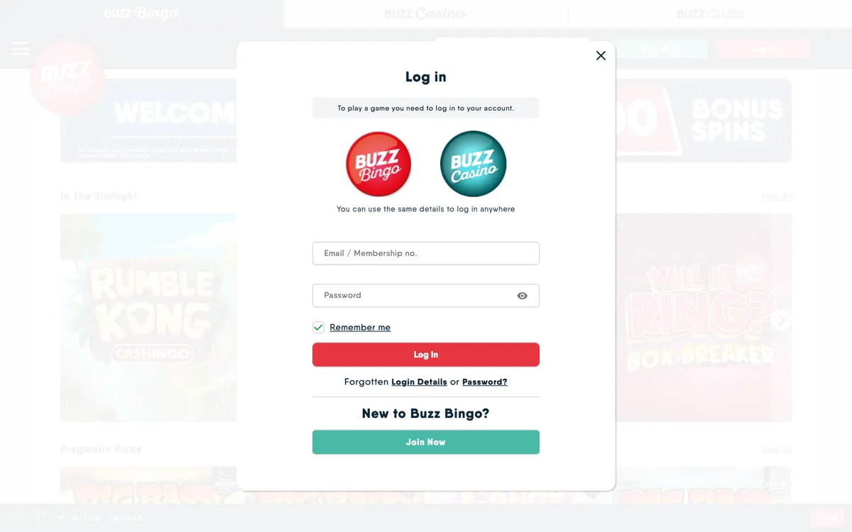 Buzz Bingo Casino — «Регистрация», снято из страны Великобритания