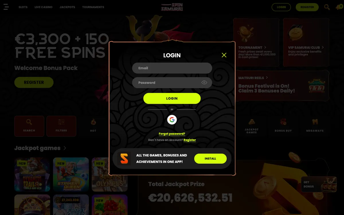 Spin Samurai Casino — Sign-up, captured from Austria