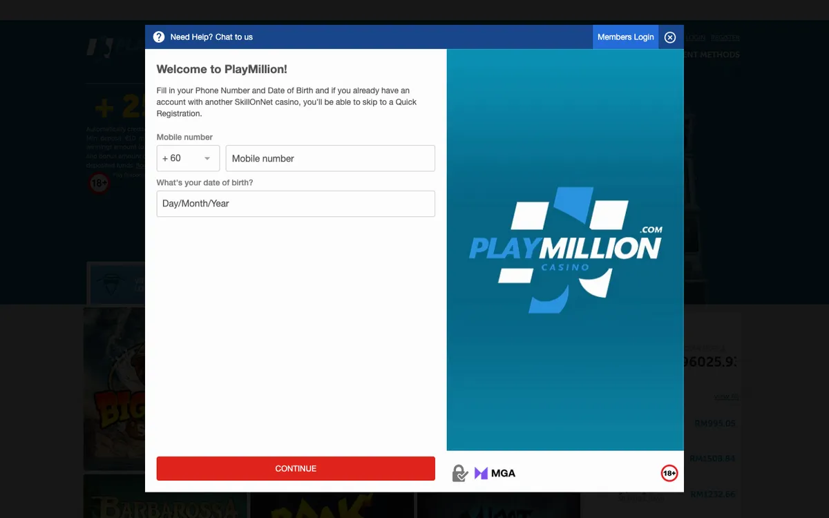 Play Million Casino — Sign-up, captured from Malaysia