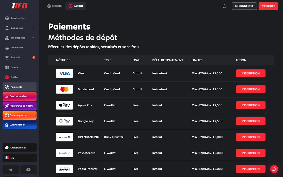 1Red Casino — Payments, captured from France