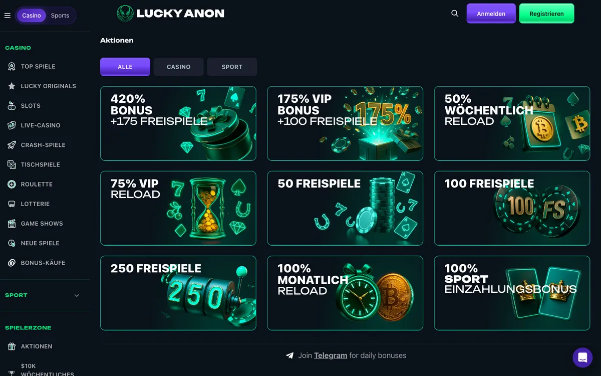 Lucky Anon Casino — Promotions, captured from Austria