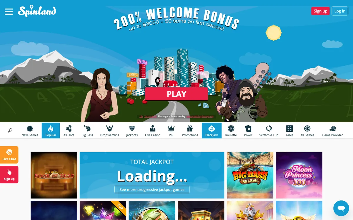 Spinland Casino — «Главная», снято из страны Новая Зеландия