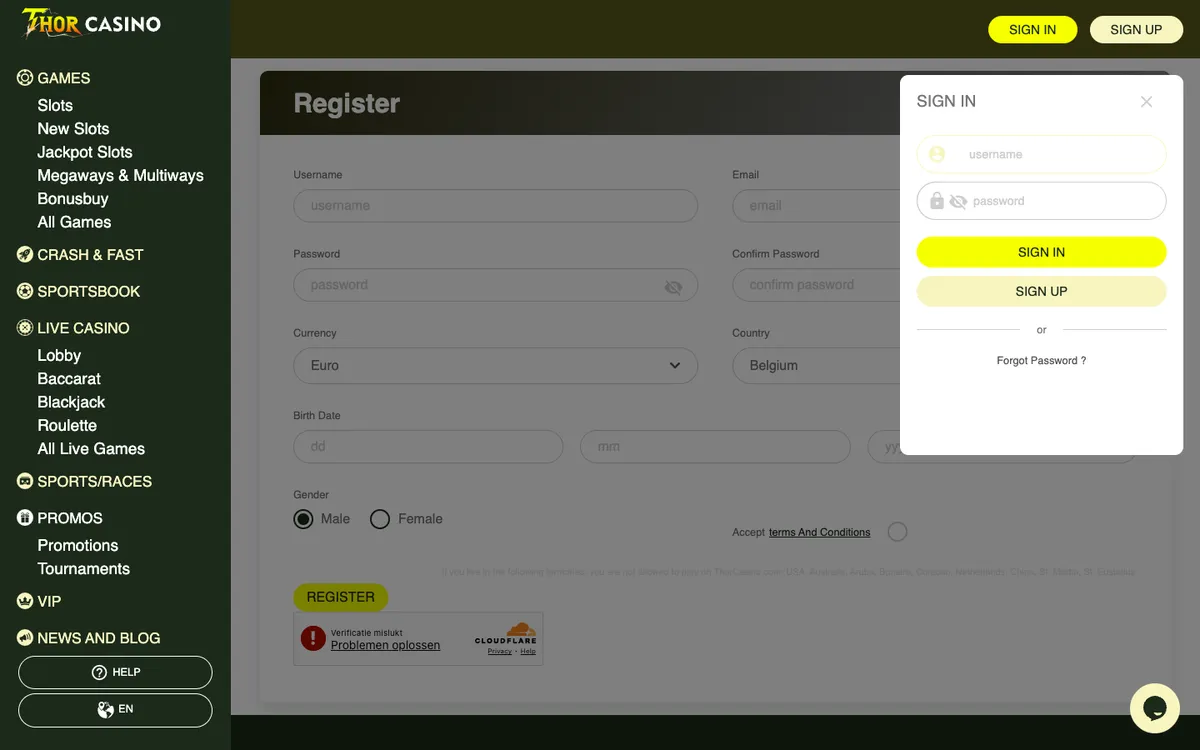 Thorcasino — Sign-up, captured from Belgium