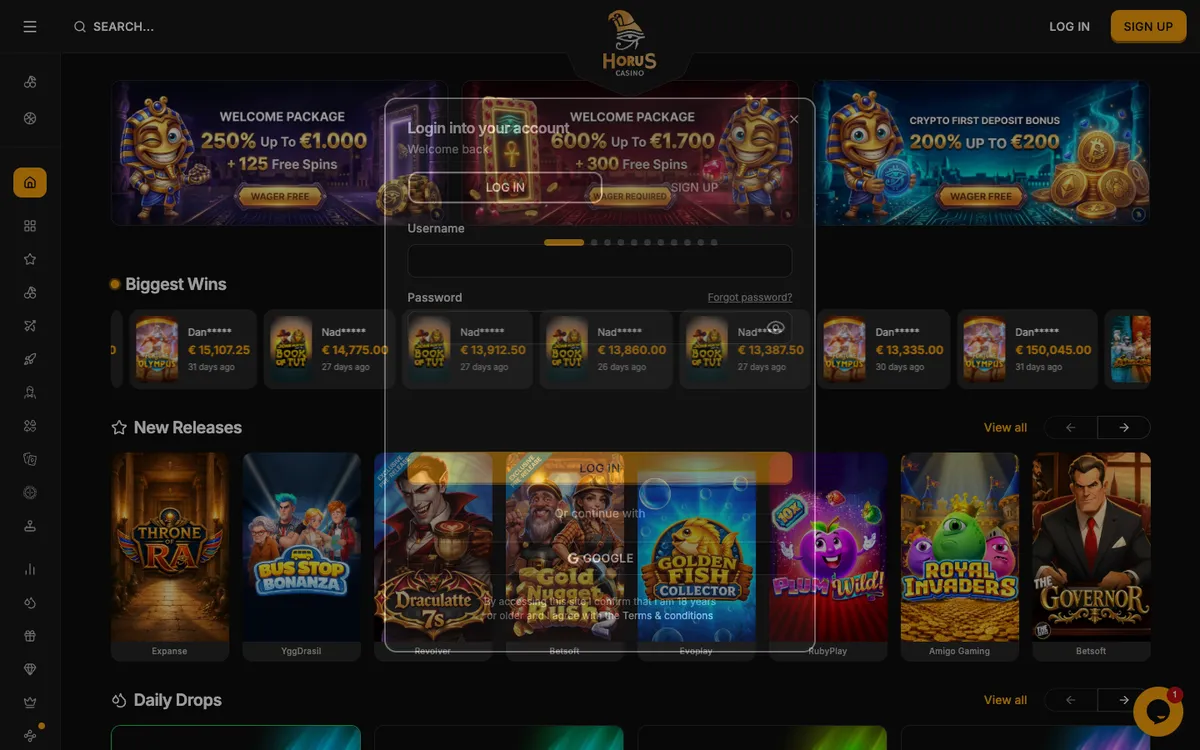 Horus Casino — «Регистрация», снято из страны Бельгия