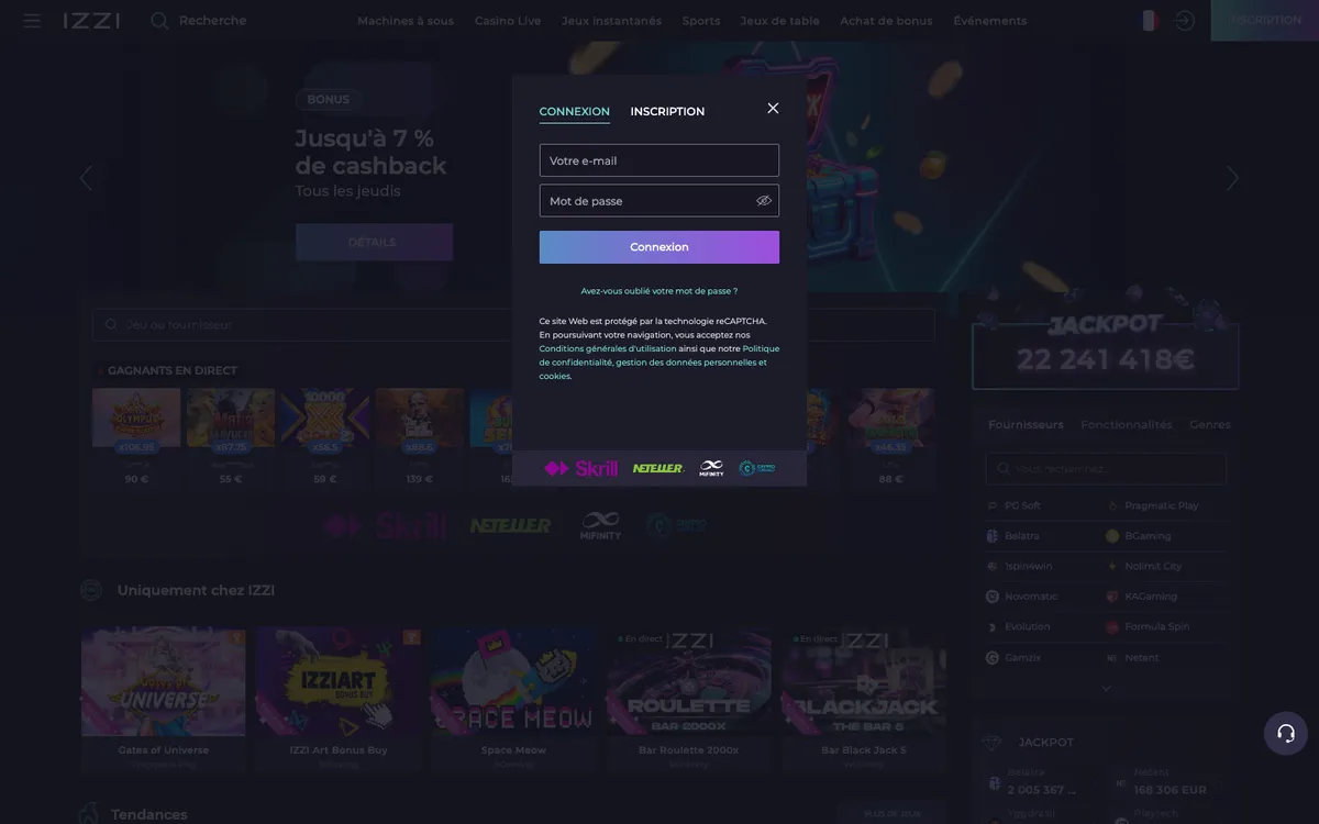 Izzi Casino — Home page, captured from France