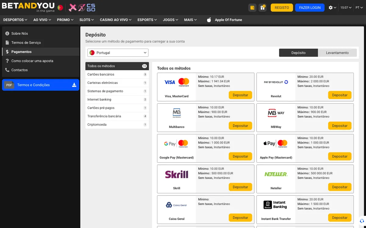 Betandyou Casino — Payments, captured from Portugal