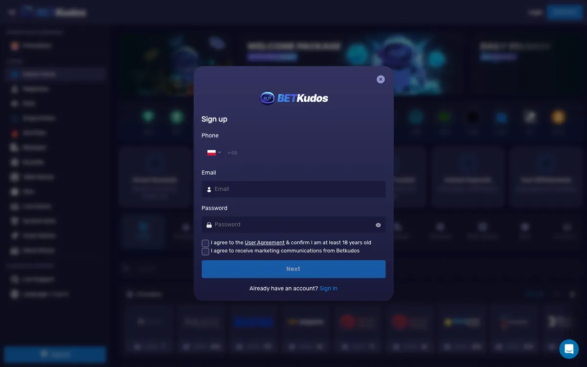 BetKudos Casino — Sign-up, captured from Poland