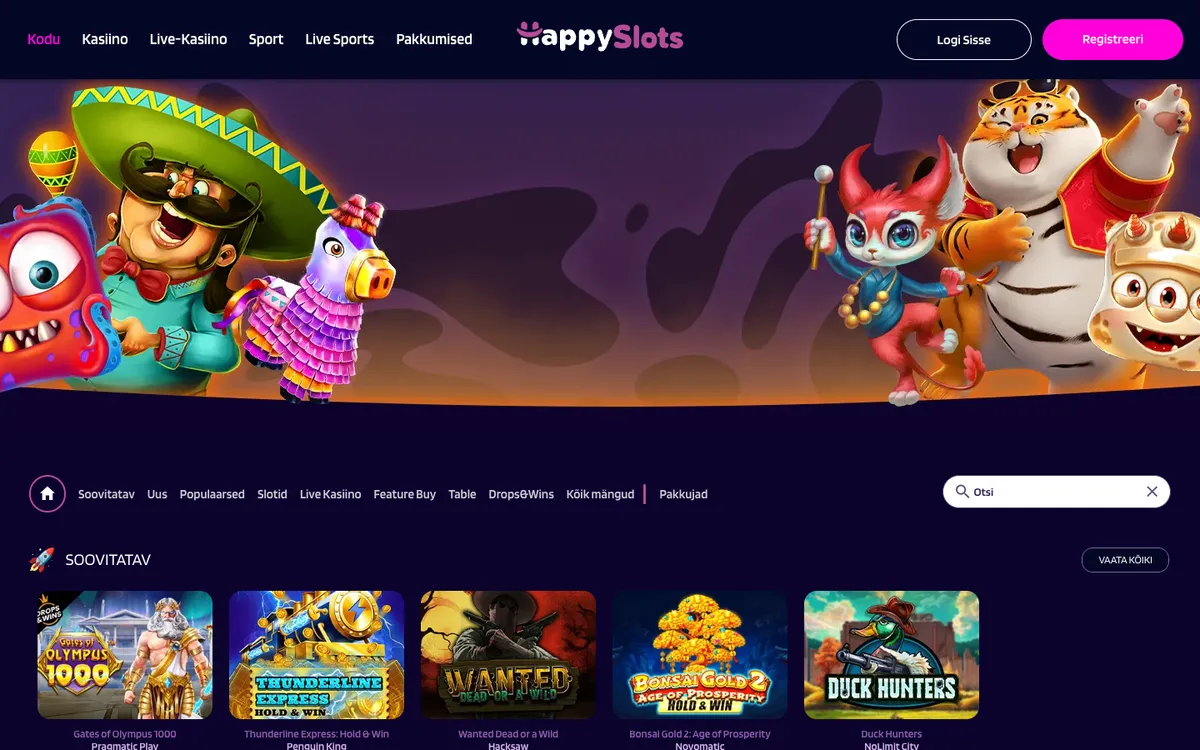 HappySlots Casino — Home page, captured from Estonia