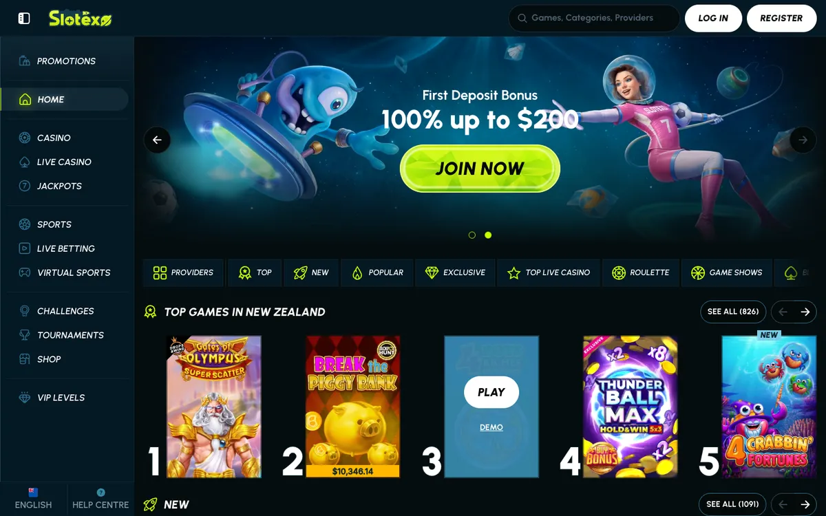 Slotexo Casino — Home page, captured from New Zealand