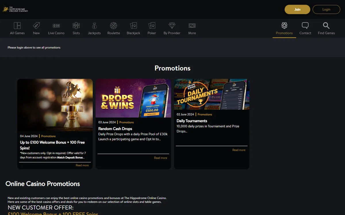 Hippodrome Online Casino — Promotions, captured from Canada