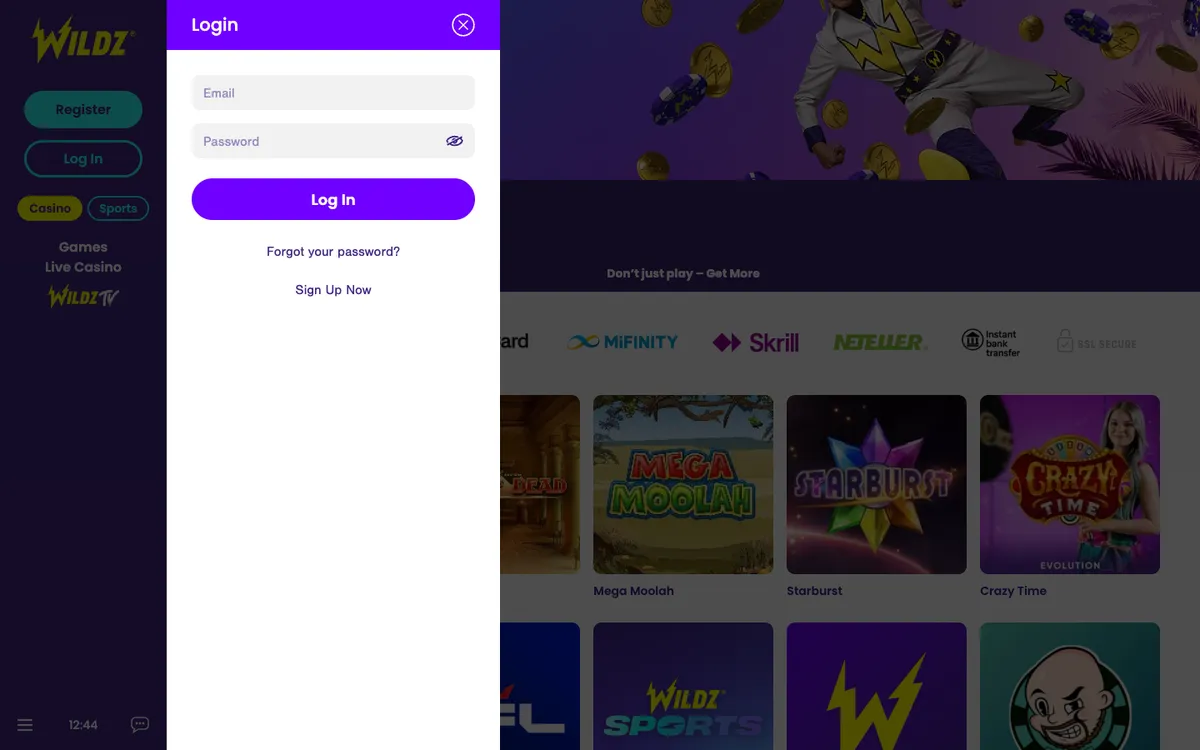 Wildz Casino — Sign-up, captured from Belgium