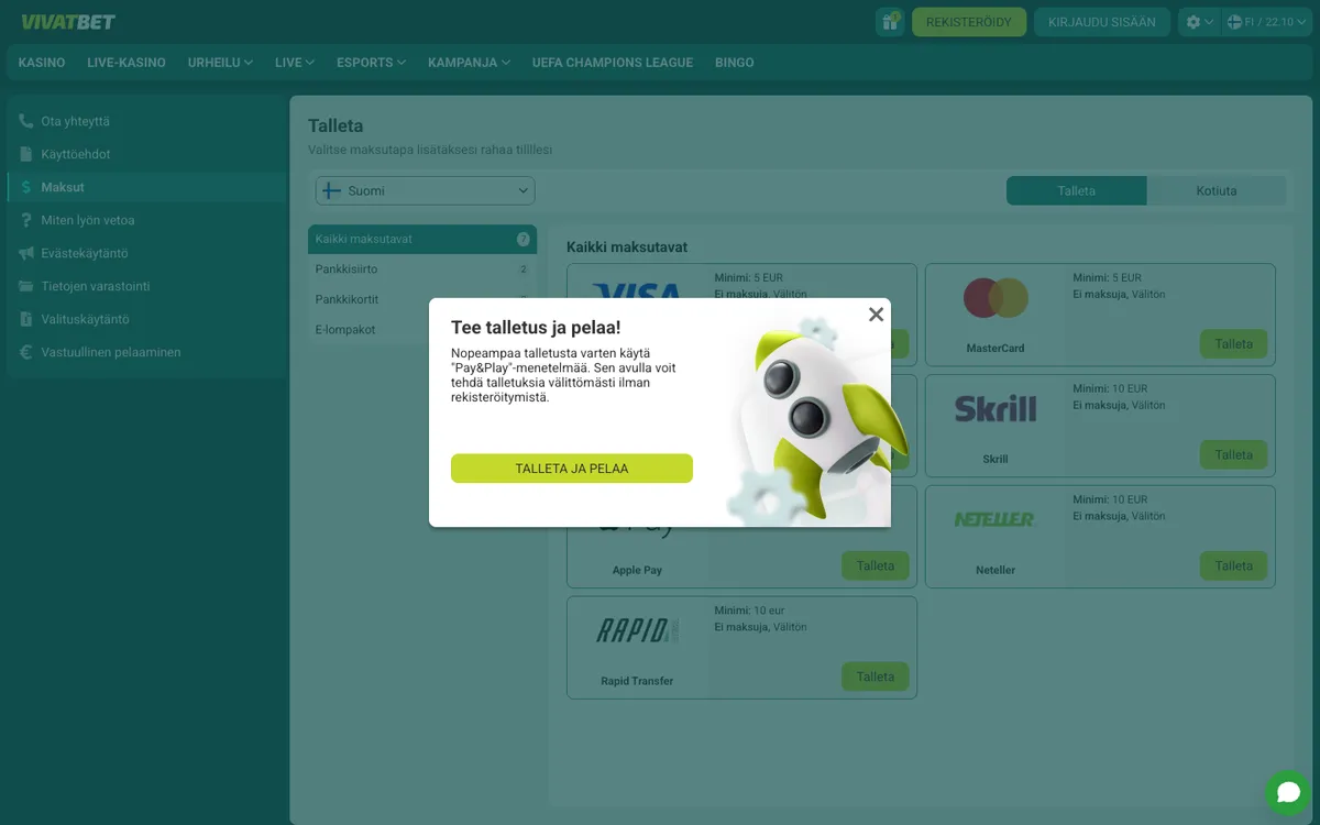 VivatBet Casino — Payments, captured from Finland