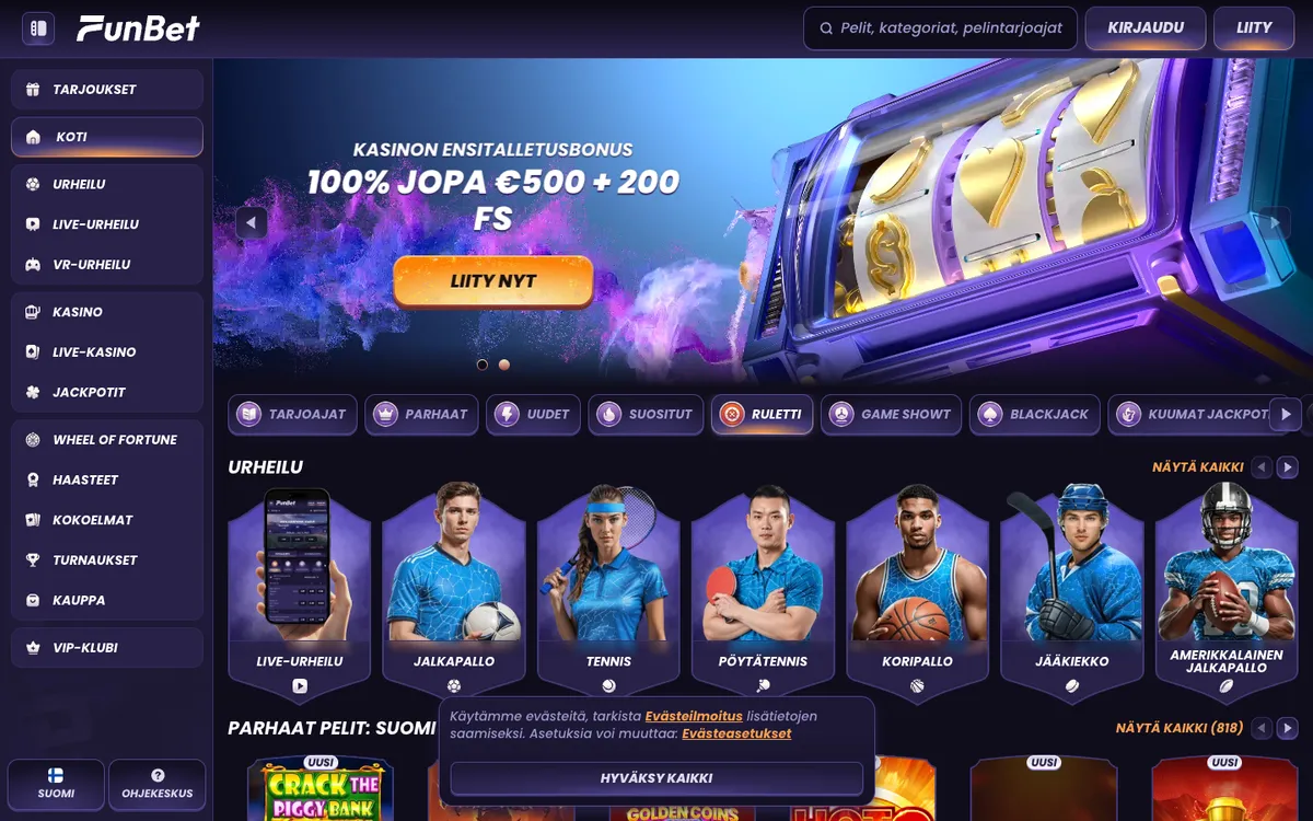 Funbet Casino — Home page, captured from Finland