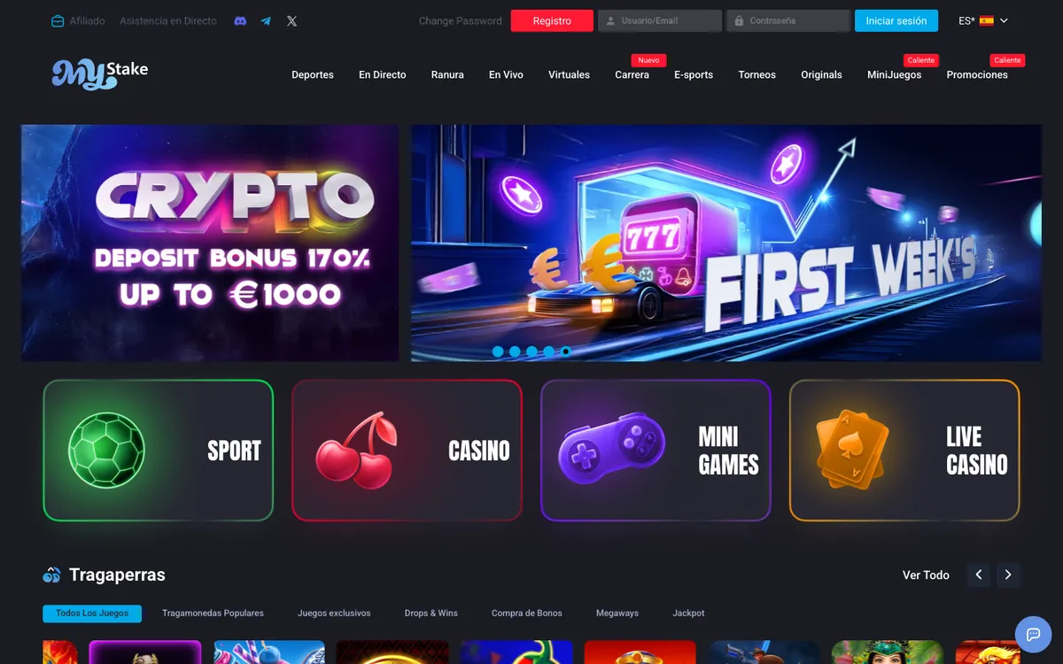 Mystake Casino — Home page, captured from Spain
