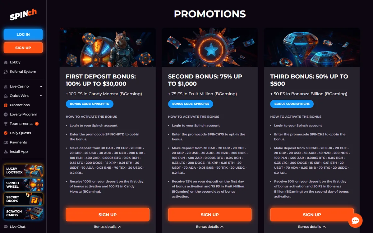 Spinch Casino — «Акции», снято из страны Канада