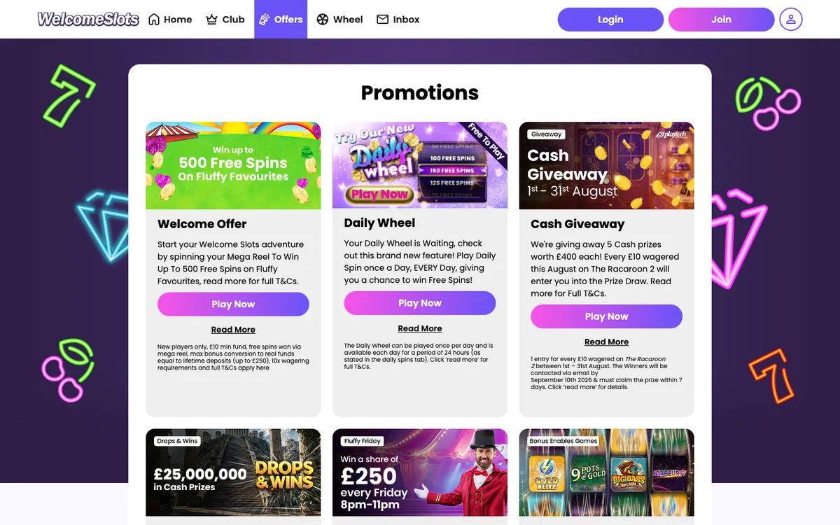 Welcome Slots Casino — Promotions, captured from United Kingdom