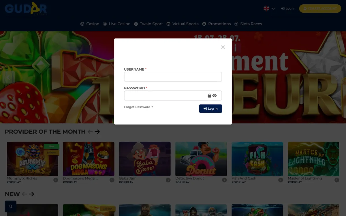 Gudar Casino — Sign-up, captured from Austria