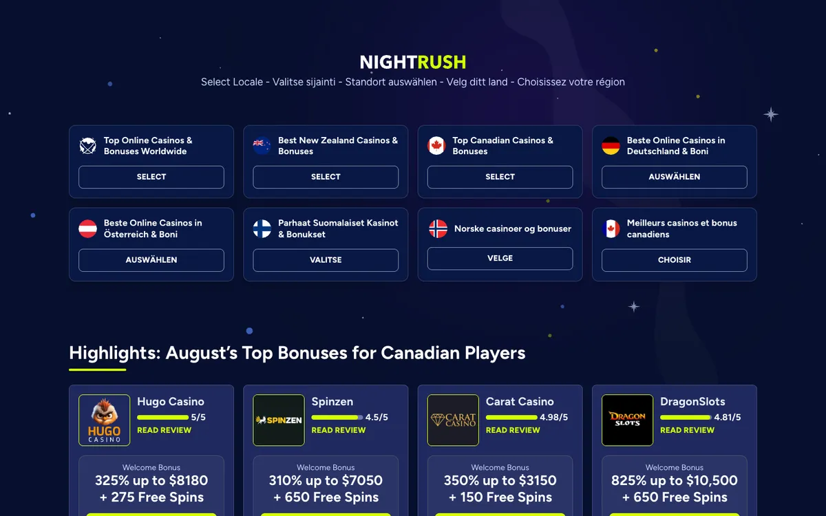 NightRush Casino — Home page, captured from Canada