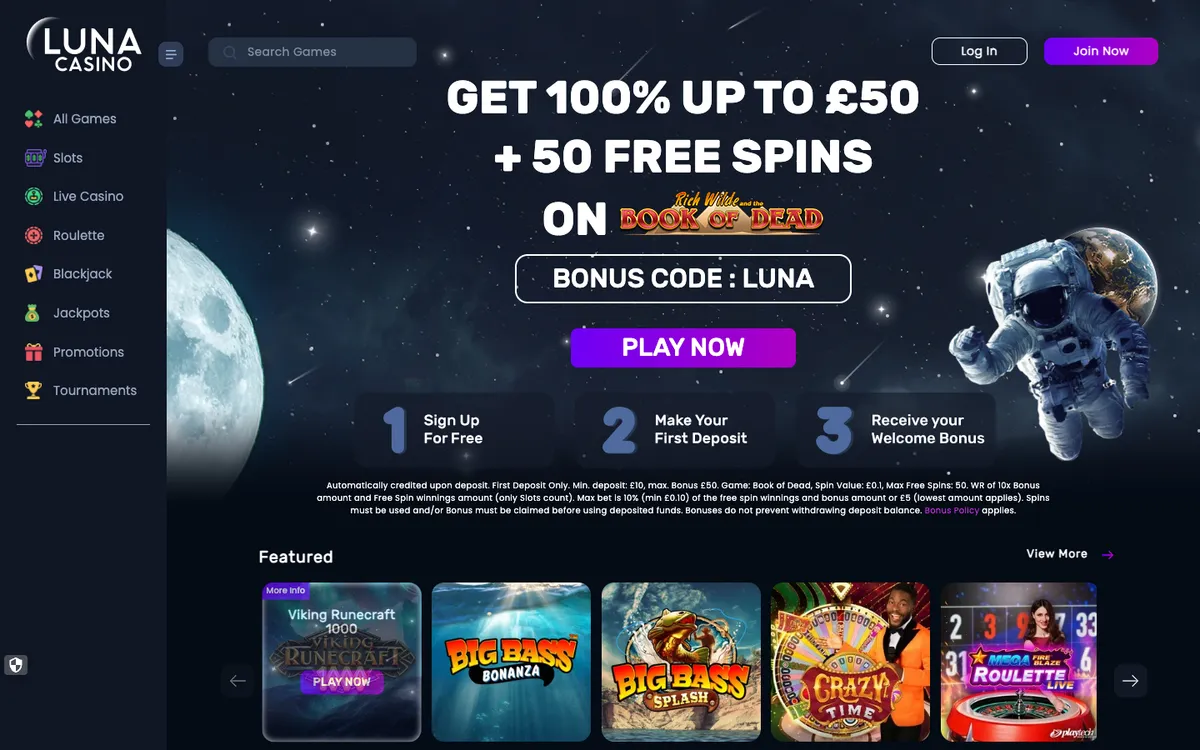 Luna Casino — Home page, captured from United Kingdom