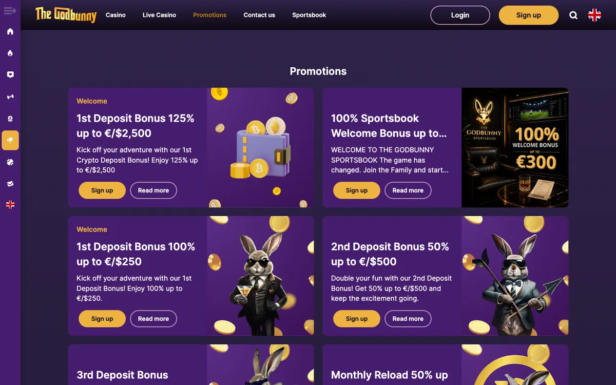 Godbunny Casino — Promotions, captured from South Africa