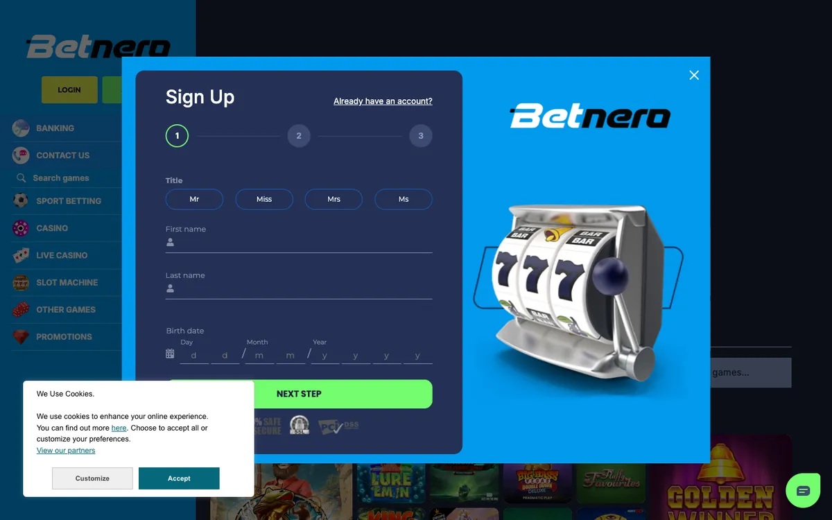 Betnero Casino UK — Sign-up, captured from United Kingdom
