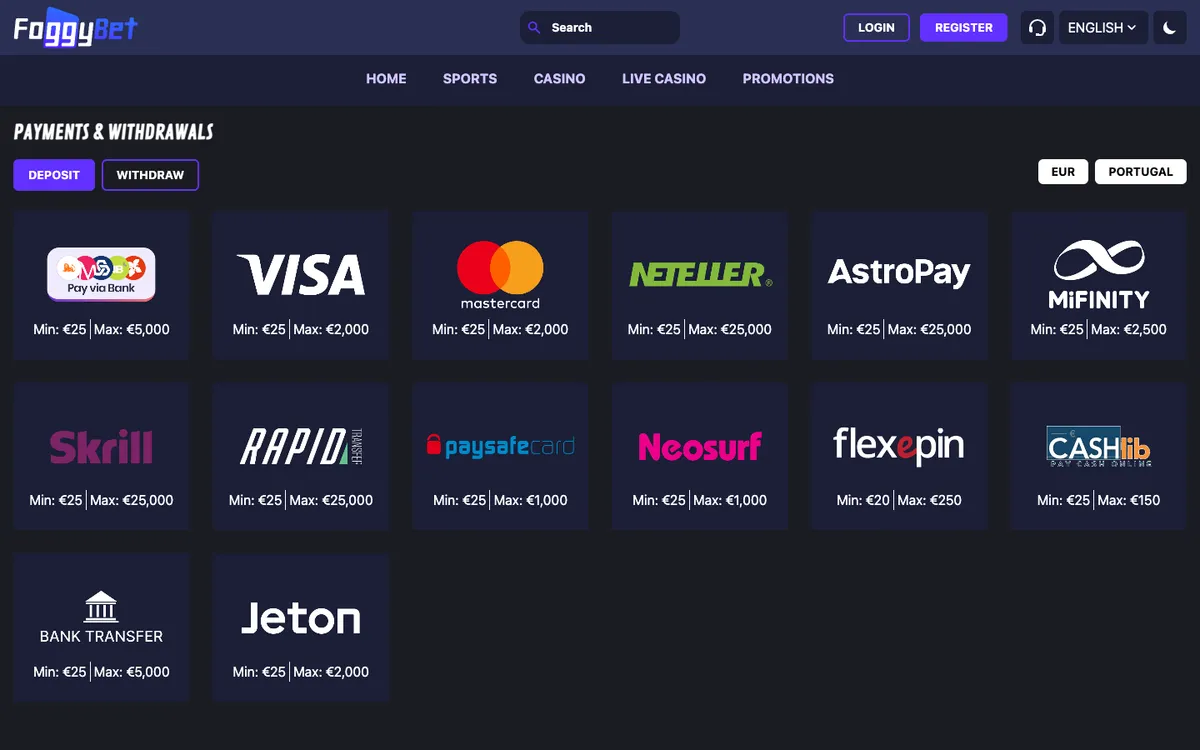 FoggyBet Casino — Payments, captured from Portugal