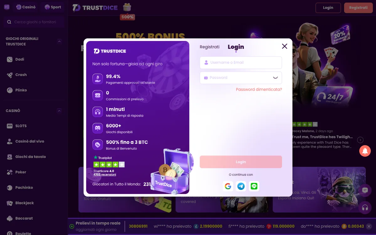 TrustDice Casino — «Регистрация», снято из страны Италия