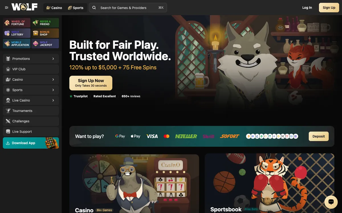 Wolf.io Casino — «Главная», снято из страны Великобритания