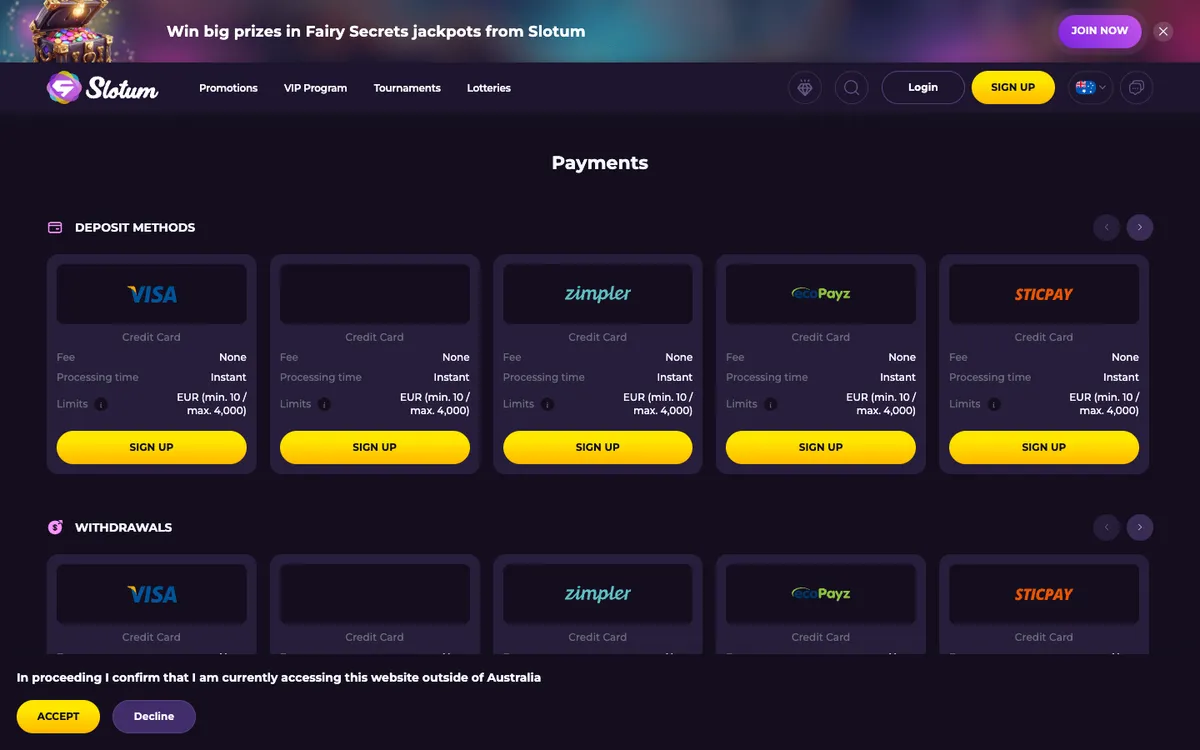 Slotum Casino — «Платежи», снято из страны Австралия