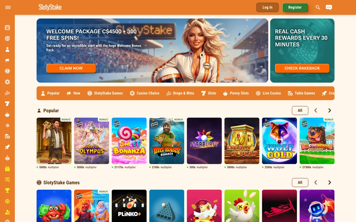 SlotyStake Casino — «Главная», снято из страны Канада