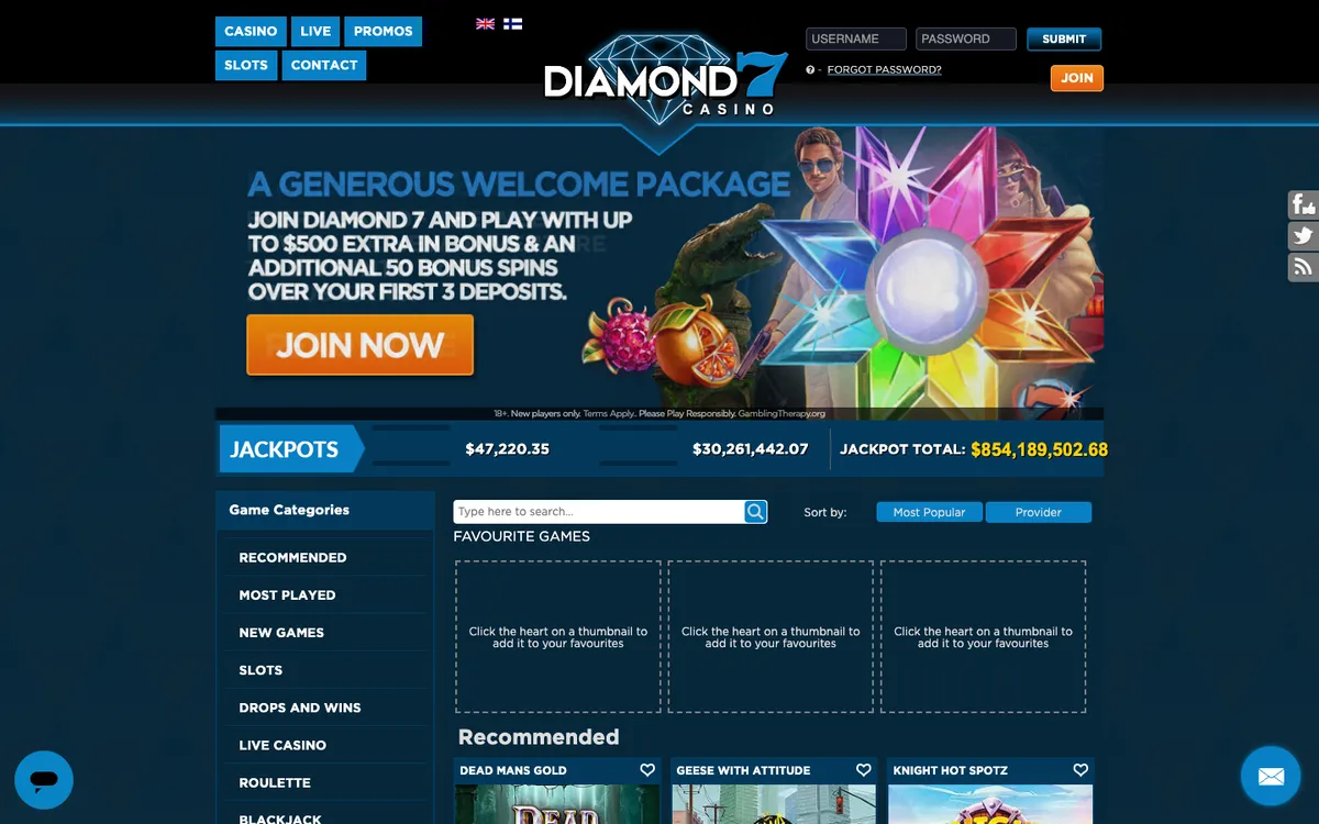 Diamond 7 Casino — Home page, captured from New Zealand