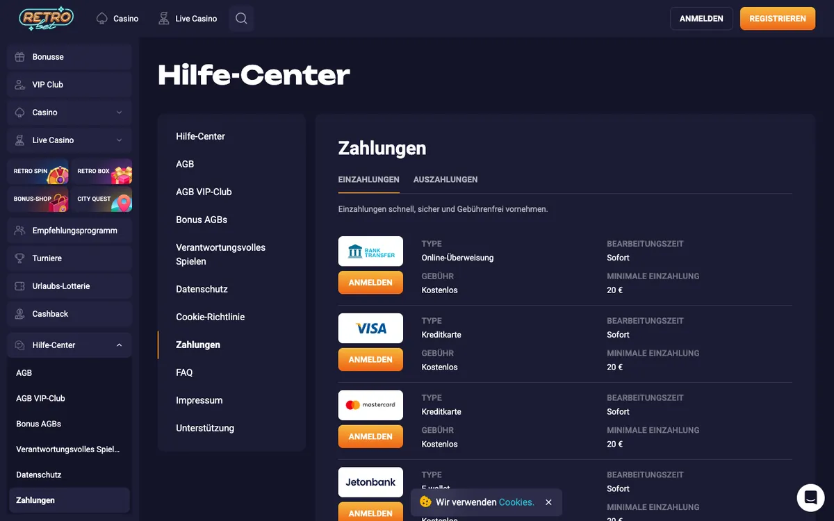Retro Bet Casino — Payments, captured from Germany