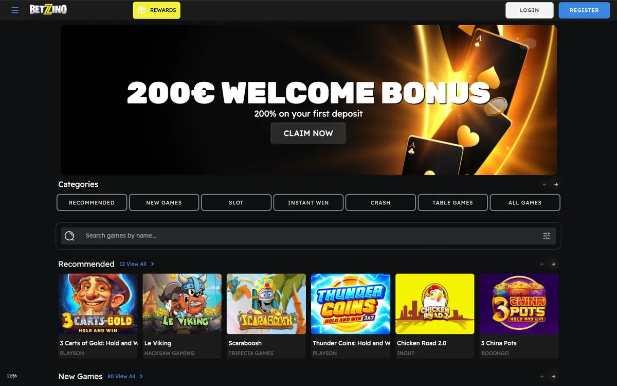 Betzino Casino — Home page, captured from Belgium